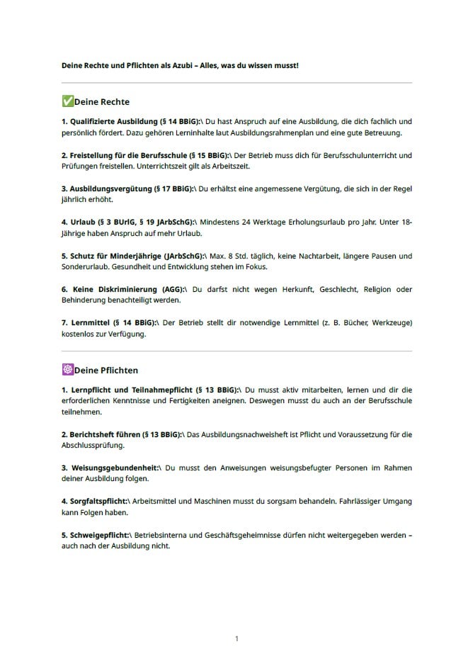 Deine Rechte und Pflichten als Azubi im PDF Format.