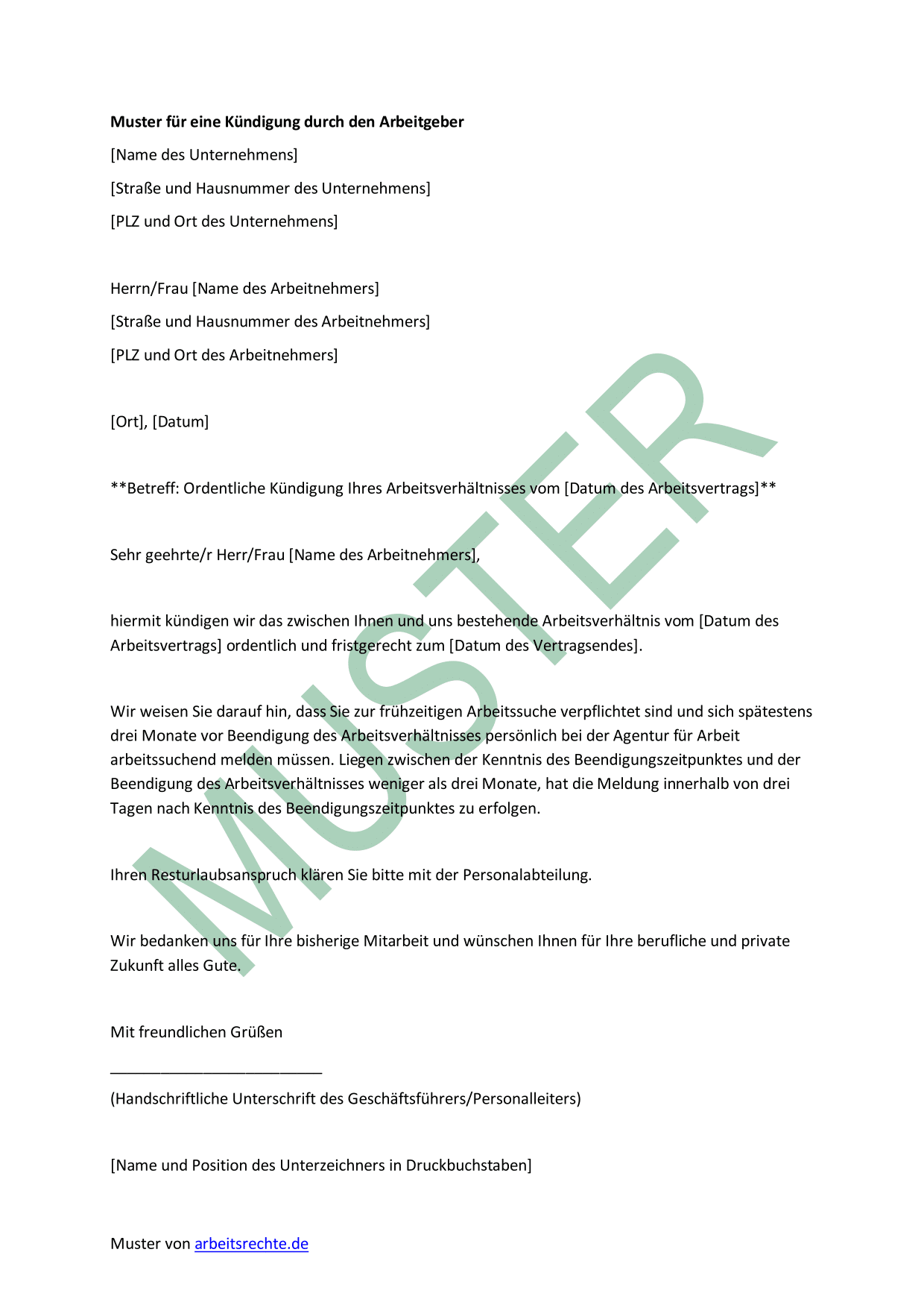 Muster: schriftliche Kündigung für Arbeitgeber