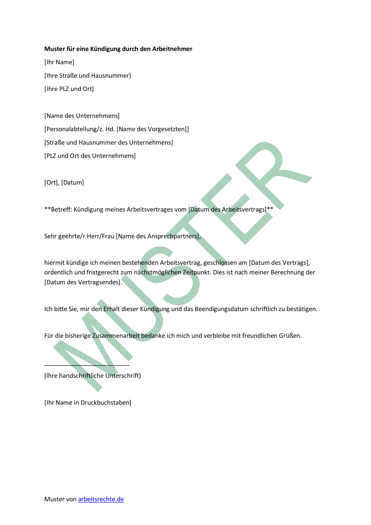 Muster: schriftliche Kündigung für Arbeitnehmer