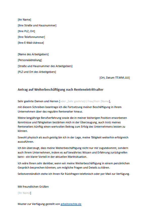 Muster Antrag auf Weiterbeschäftigung nach Renteneintritt