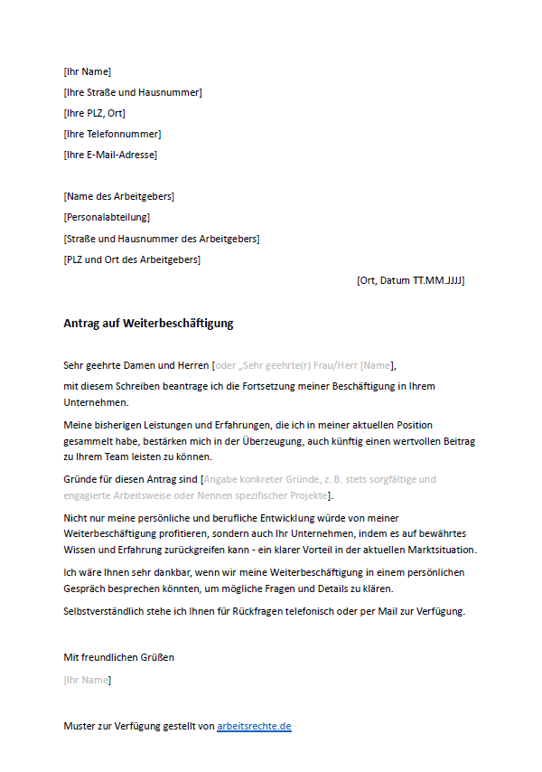 Muster Antrag auf Weiterbeschäftigung