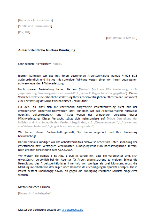 Muster einer Tatkündigung